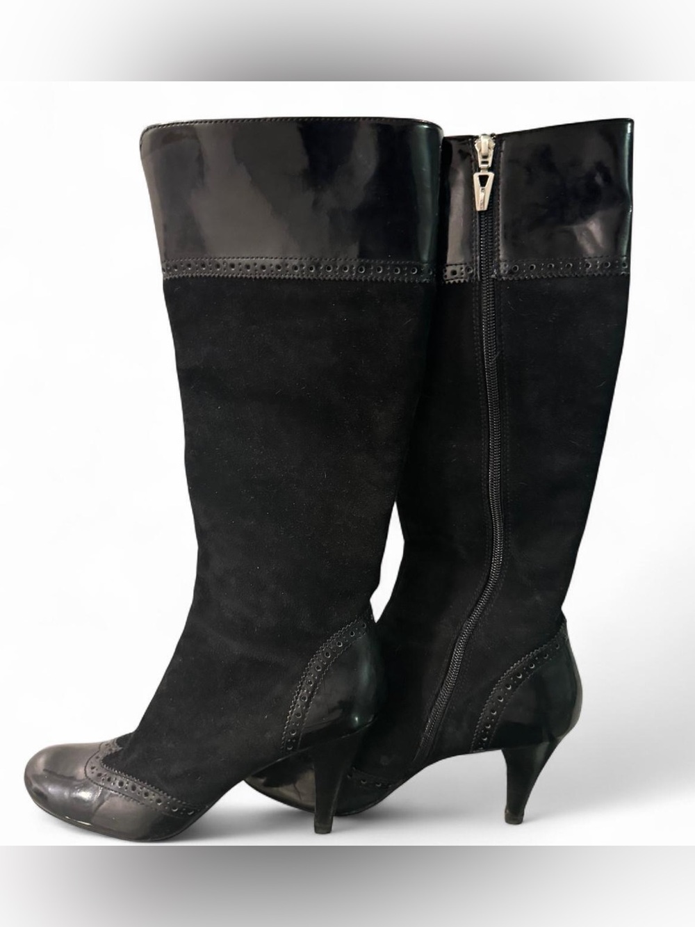 Ladies Black Suede & Patent Mid-Heel Knee Boots
